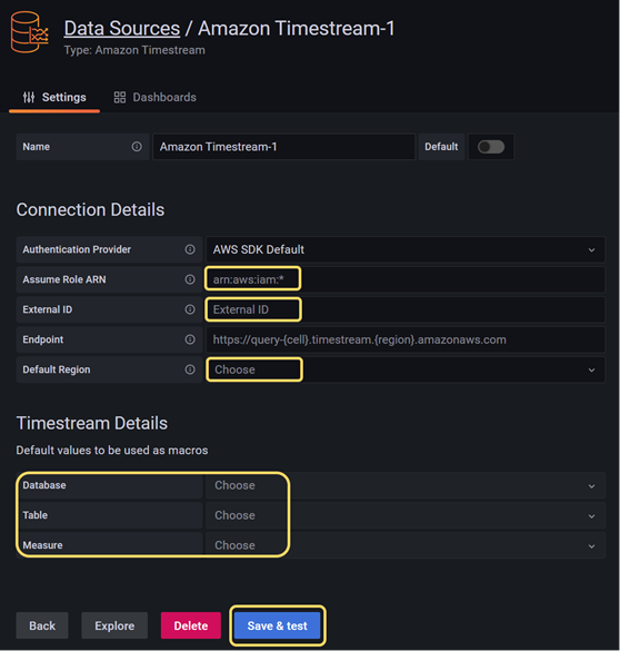 grafana timestream connection settings